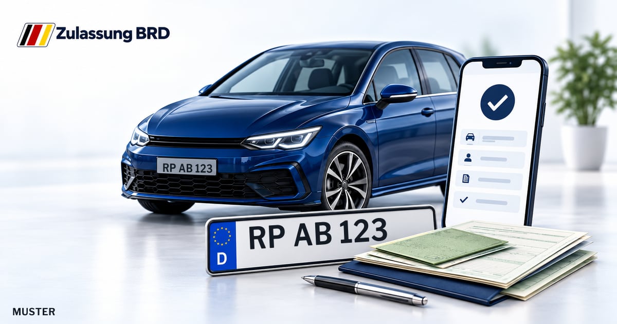 Online Fahrzeugzulassung in Schifferstadt: Musterkennzeichen RP AB 123, Auto und Fahrzeugpapiere und Smartphone. Illustration mit Logo von Zulassung BRD.